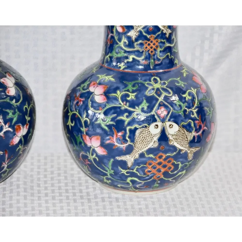 Japanese Enamelled Ceramic Hand Painted Peaches and Fish Trumpet Vase